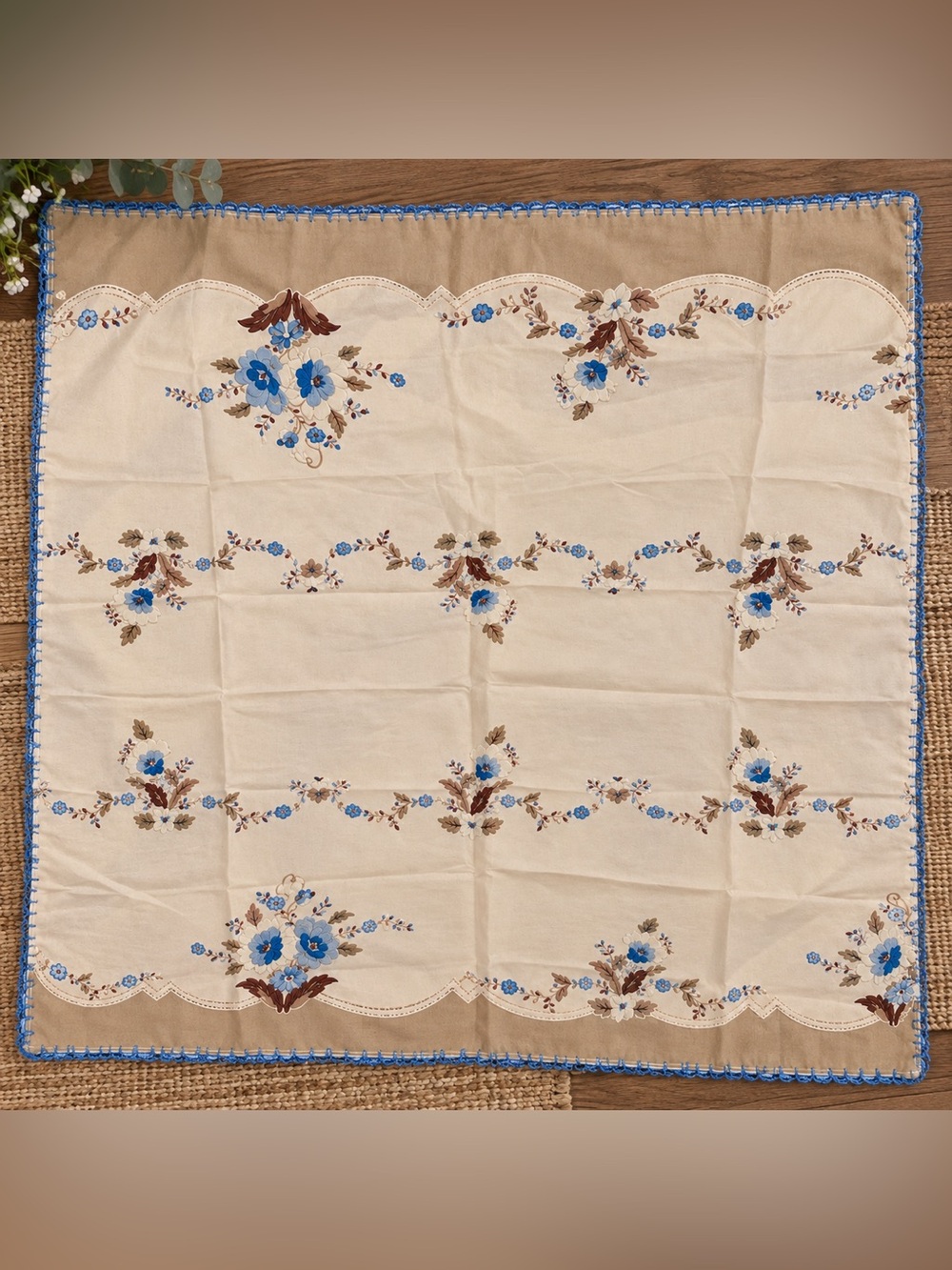 Vintage Floral Tablecloth with Blue Crocheted Trim